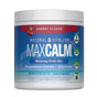 A white container of Natural Vitality MAXCALM Powder Cherry, a vegan, raw, clean, non-GMO relaxation supplement with ionic magnesium citrate. Net weight: 8 oz (227 g).