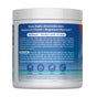 A white container labeled Natural Vitality MAXCALM Powder Cherry shows directions, product details, and benefits of ionic magnesium citrate and glycinate on a blue and white background with a beach scene, highlighting its use as a relaxation supplement.