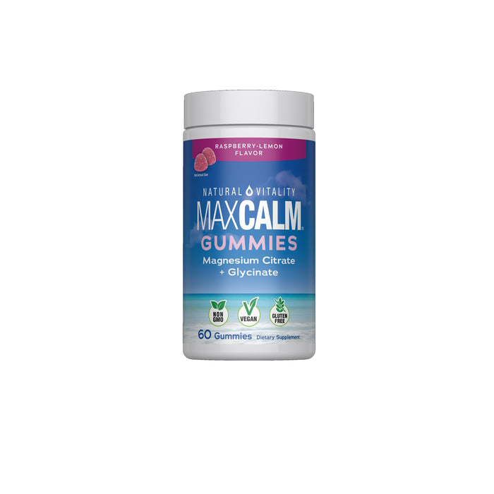 Natural Vitality CALM Magnesium Supplement Gummies, 60 vegan, non-GMO raspberry-lemon gummies with citrate and glycine for stress relief. Labeled with vegan and non-GMO icons.