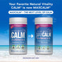 Two bottles of MAXCALM Gummies by Natural Vitality are displayed on a beach, both in raspberry-lemon flavor. Text above reads, "Your Favorite CALM is now MAXCALM." These delicious magnesium gummies are perfect for your relaxation routine.