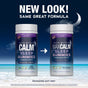 Two bottles of Natural Vitality CALM Sleep with Melatonin Gummies Blueberry-Pomegranate Flavor sit on a beach at night. The left bottle is CALM Sleep; the right is MAX CALM Sleep. Text above says: NEW LOOK! SAME GREAT FORMULA.