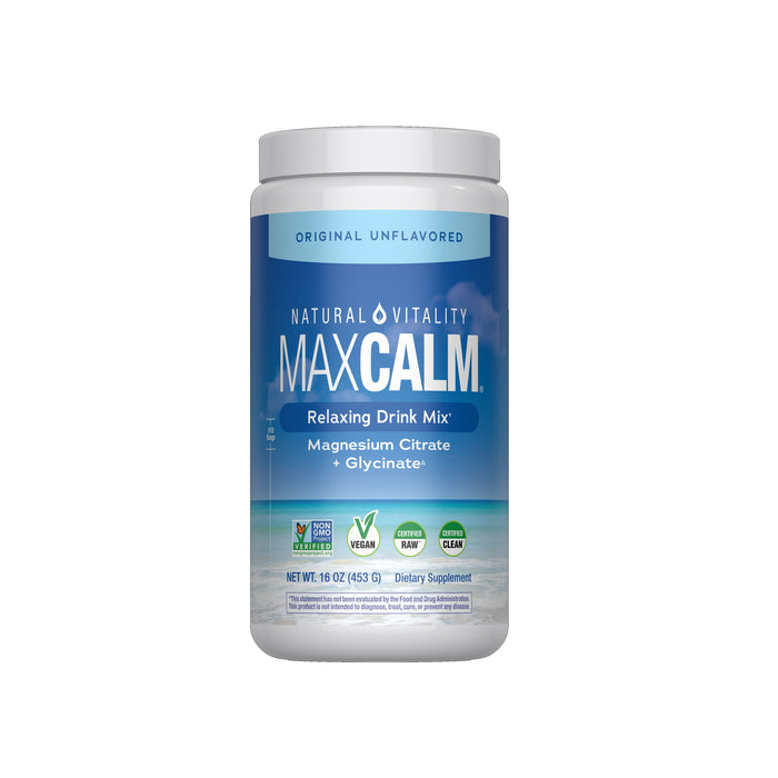 A container of Natural Vitality MAX CALM Original Powder - Unflavored, with magnesium citrate and glycinate. The vegan, gluten-free, non-GMO formula offers a relaxing calm supplement.
