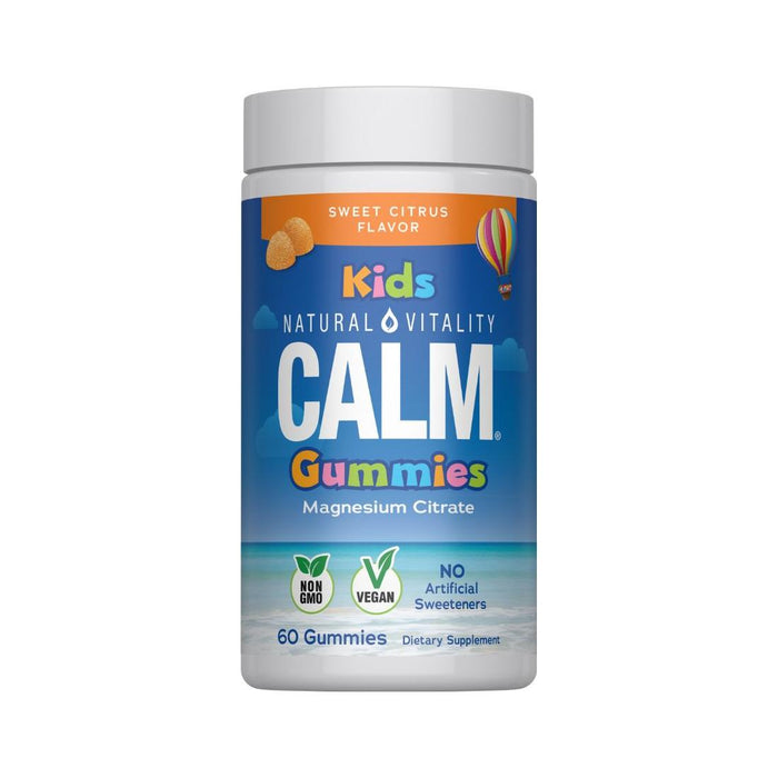 A bottle of Natural Vitality CALM Kids Sweet Citrus magnesium gummies for kids, non-GMO and vegan with no artificial sweeteners. Contains 60 gummies; label features colorful text and a hot air balloon graphic.