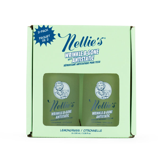 A green box labeled Nellies Wrinkle-B-Gone - Lemongrass contains two bottles of lemongrass-scented wrinkle remover spray. The packaging features a vintage woman illustration and bilingual English/French text.