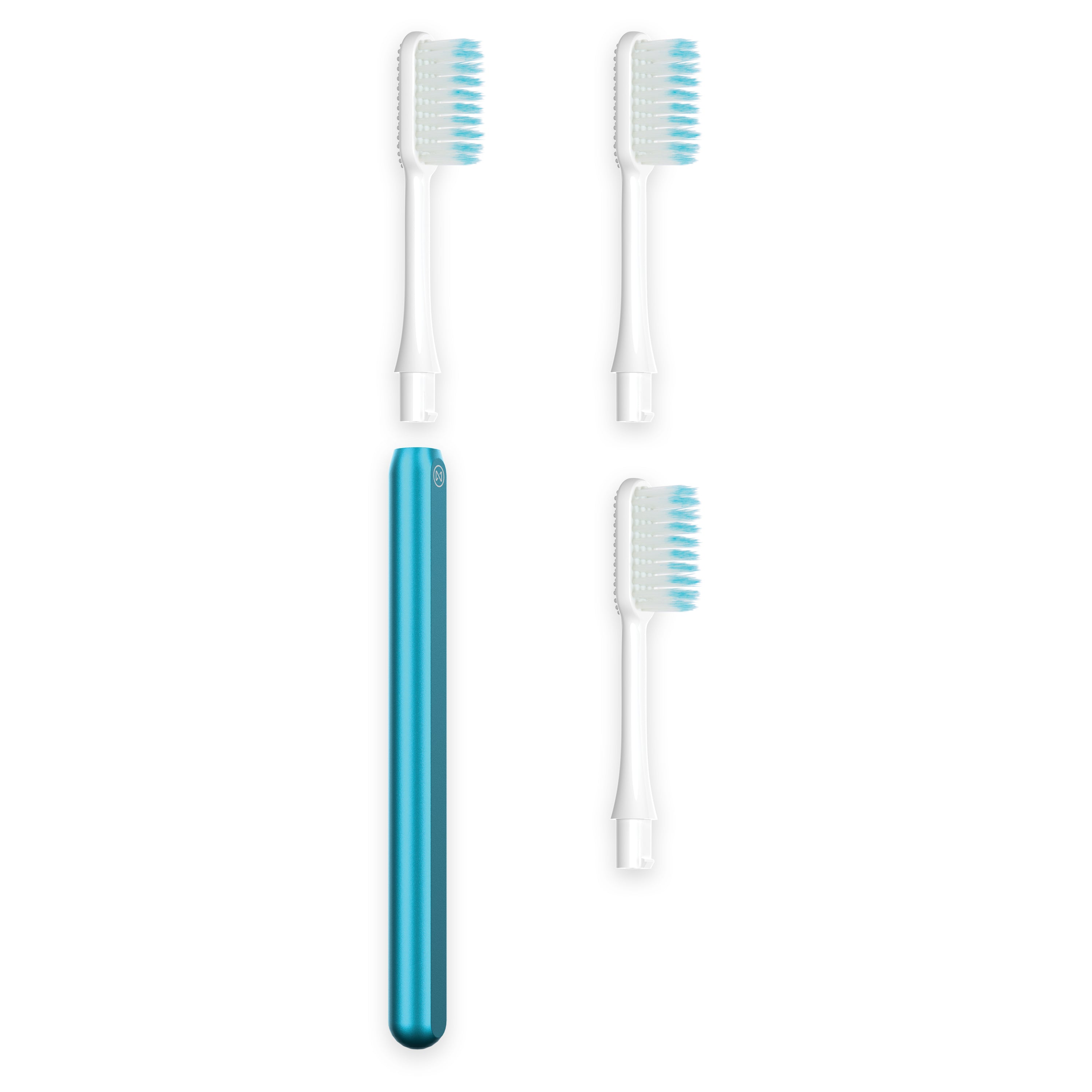The Nada Soft Adult Toothbrush features a blue handle and three white brush heads with blue bristles, each with a clear cap, displayed on white—highlighting waste reduction with recyclable components.