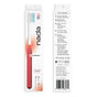 Front and back of a Nada Soft Kids Toothbrush package. Features a red aluminum handle, blue-and-white soft bristles, extra brush heads, BPA-free materials, and encourages recycling to reduce waste.