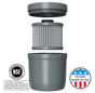 Exploded view of a cylindrical water filter, showcasing the separate lid, Epic Water Filters USA Nano XP Replacement Filter cartridge, and base. NSF Certified and Filters Made in USA logos appear in the bottom left corner.