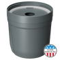 A gray, cylindrical Nano XP Replacement Filter cartridge from Epic Water Filters USA features a small round opening at the top. In the bottom right corner, a badge displays “Filters Made in USA” over a stylized American flag, highlighting this advanced water filter’s NSF certification for quality and safety.