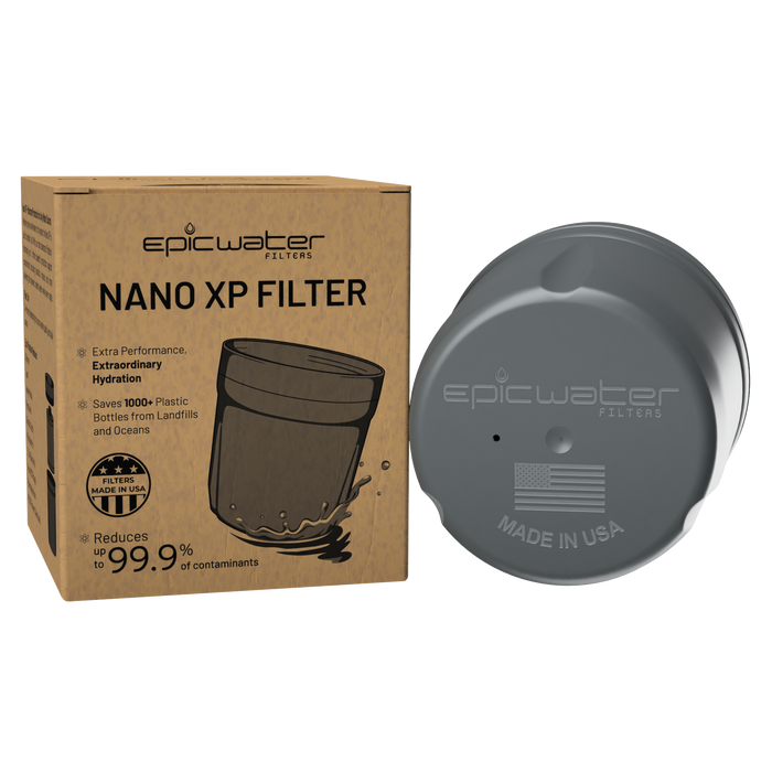 A brown Nano XP Replacement Filter box from Epic Water Filters USA sits next to a gray, round filter labeled “epicwater filters” and “MADE IN USA.” The packaging highlights its advanced NSF certified contaminant reduction and impressive environmental benefits.