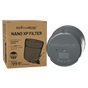 A brown Nano XP Replacement Filter box from Epic Water Filters USA sits next to a gray, round filter labeled “epicwater filters” and “MADE IN USA.” The packaging highlights its advanced NSF certified contaminant reduction and impressive environmental benefits.
