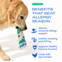 A golden retriever holds a bag of Native Pet Allergy Chews Supplement for Dogs in its mouth. Text highlights benefits: delivers seasonal allergy support, soothes sneezing and itchy skin, supports immune system function, and is made with real chicken.
