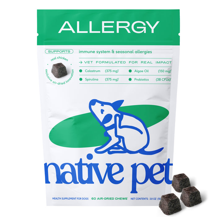 A bag of Native Pet Allergy Chews Supplement for Dogs, showcasing a blue illustrated dog and ingredient highlights, with three brown chews displayed in front—formulated to help soothe itchy skin and support the immune system for pups experiencing seasonal allergies.