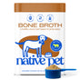 A container of Native Pet Beef Bone Broth Topper for Dogs featuring an illustrated dog, text describing the benefits of a beef topper, and a blue scoop filled with grass-fed beef bone broth powder in front—a nutritious food topper your pup will love.