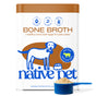 A white container of Native Pet Beef Bone Broth Topper for Dogs features a blue dog illustration, accompanied by a bowl and a blue scoop filled with powder in front. The label emphasizes beef and simple ingredients, showcasing this grass-fed beef bone broth powder as an ideal dog food topper.