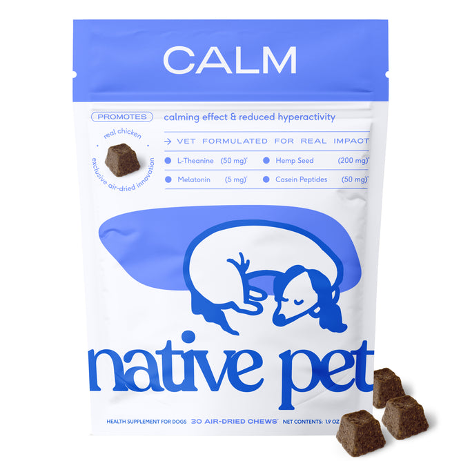 A blue and white bag labeled Native Pet Calm Chews Supplement for Dogs features a drawing of a sleeping dog alongside three brown chews. This calming supplement offers air-dried chicken chews formulated with ingredients like L-Theanine and Melatonin—making them ideal calm dog chews to help ease anxiety in your pet.
