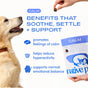 A golden retriever gazes up at a hand offering a treat. Text highlights Native Pet Calm Chews Supplement for Dogs, emphasizing benefits such as promoting calm, reducing hyperactivity, and supporting emotional balance. Made with air-dried chicken chews, these dog anxiety supplements are packaged in distinctive blue and white bags displayed in the image.