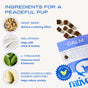 A graphic displays the ingredients in Native Pet Calm Chews Supplement for Dogs: hemp seed, melatonin, L-theanine, and dried hydrolyzed casein—each highlighted with its specific benefit through images and text on the left, while a partially visible blue package of these dog treats appears on the right. Ideal for pups needing relaxation, Native Pet Calm Chews serve as effective dog anxiety supplements, making treat time both tasty and soothing.