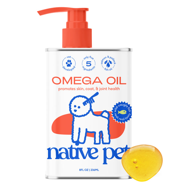 A white bottle of Native Pet Omega Oil Topper & Supplement for Dogs with a pump top, featuring a cartoon dog illustration, highlights benefits such as support for joint health due to Omega-3 fatty acids. A sample of the yellow oil is displayed next to the bottle, making it an ideal salmon oil supplement for dogs.