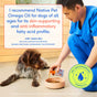 A veterinarian pours Native Pet’s Omega Oil Topper & Supplement for Dogs—a rich source of Omega-3 fatty acids—over a dog’s food. In a testimonial, a pet owner praises its skin-supporting and anti-inflammatory benefits, noting visible improvements in their dog’s joint health. A Vet-Recommended Formula badge is displayed.