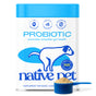 A white container of Native Pet Probiotic Digestive Supplement for Dogs features blue text and a blue dog illustration. In front, a blue scoop holds probiotic powder for dogs. The label highlights digestive and gut health benefits, with 6 billion CFUs as a premium supplement from Native Pet.