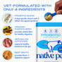 A hand scoops powder from a container of Native Pet Probiotic Digestive Supplement for Dogs, highlighting its formula designed to support digestive wellness in dogs. The text features four key ingredients—probiotic blend, organic pumpkin seed, Jerusalem artichoke, and beef broth—each paired with images that illustrate their role in promoting gut health.
