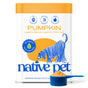 A container of Native Pet Organic Pumpkin Powder Topper for Dogs is pictured with a blue scoop of powder in front. The label features illustrations of a dog and a pumpkin, and highlights key benefits such as digestive support, only 3 ingredients, and vet-developed formulation. This high fiber supplement is made to promote optimal digestive health in dogs using organic pumpkin powder.