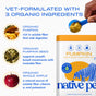 A container of Native Pet Organic Pumpkin Powder Topper for Dogs is displayed with images of pumpkin, pumpkin seed, and apple, emphasizing that it is a vet-formulated, high-fiber dog supplement made with three organic ingredients to support digestive health. A spoon is shown scooping the organic pumpkin powder from the container.