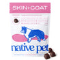 A bag of Native Pet Skin and Coat Chews Supplement for Dogs is shown, featuring a blue illustration of a dog, key product benefits, and several small brown air-dried chews in front. The packaging highlights real chicken and support for skin health, making it an excellent option for pet owners looking for effective dog supplements.
