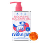 A bottle of Native Pet Wild-Caught Alaskan Sockeye Salmon Oil for dogs with a pump dispenser, featuring a playful dog illustration, a small orange fish icon, and an orange ball near the bottle. This premium supplement is made from wild-caught Alaskan sockeye salmon to provide essential omega-3 fatty acids that support your dog’s overall health.