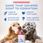 Two dogs lick a bottle of Native Pet Wild-Caught Alaskan Sockeye Salmon Oil, a dog supplement rich in omega-3 fatty acids. Text highlights the benefits: supports joint and heart health, promotes skin and coat health, and aids cognition and mental sharpness. Blue icons illustrate each benefit.
