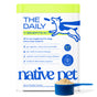 A container of Native Pet The Daily Multivitamin for Dogs, showing benefits for dogs aged 0-7 years, with a blue scoop of powder in front. Packaging features a blue leaping dog graphic and product benefit details, highlighting this vet-formulated multivitamin powder designed to support optimal canine digestive health.