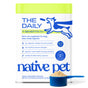 A container of Native Pet The Daily Multivitamin for Dogs features a blue running dog graphic, a benefits list highlighting dog gut health and overall wellness, and a blue scoop filled with powder positioned in front of the container.