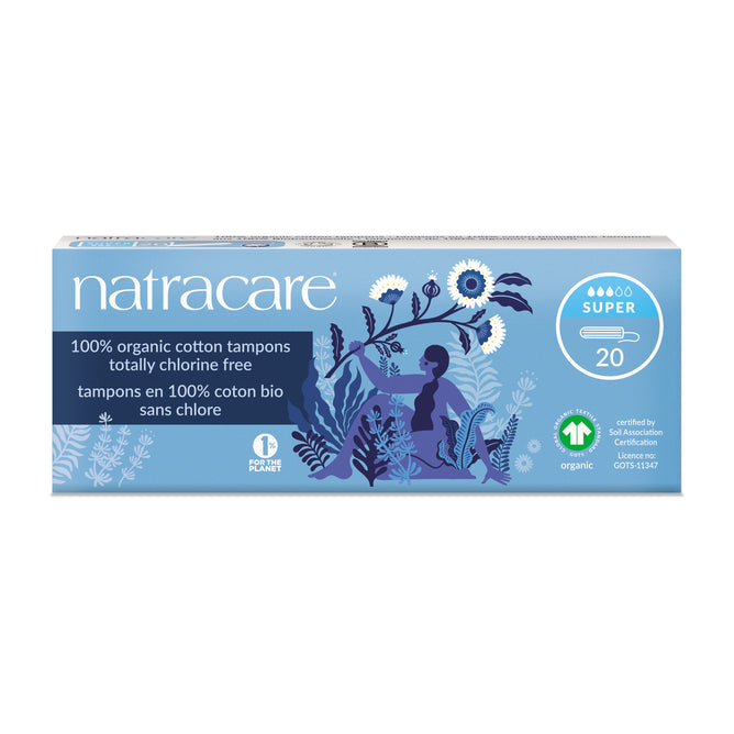 A blue box of Natracare Non Applicator Super Tampons 20ct features a person reaching for plants, daisies, and ferns. The box states 100% organic cotton tampon, totally chlorine free.