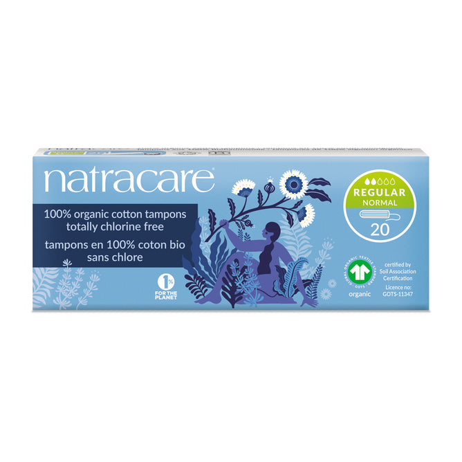 A box of Natracare Non Applicator Regular Tampons, made from 100% GOTS certified organic, chlorine-free cotton. The blue box features floral art and a flower-picker silhouette. Each box contains 20 certified organic tampons.