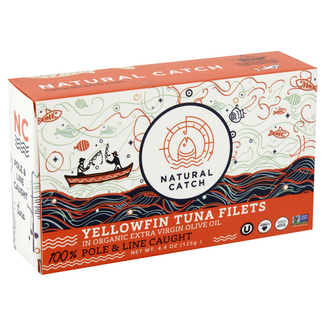 A 4.4 oz (125g) box of Natural Catch Yellowfin Tuna Filets in Extra Virgin Olive Oil, with colorful fish and boat illustrations, highlights high protein, pole & line caught, and Omega-3s on the packaging.