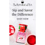 A canister of The Republic of Tea’s Natural Hibiscus Tea rests on a marble surface, next to two glasses of vivid hibiscus tea. Text above reads: “Sip and Savor the Difference. Shop Now.”.