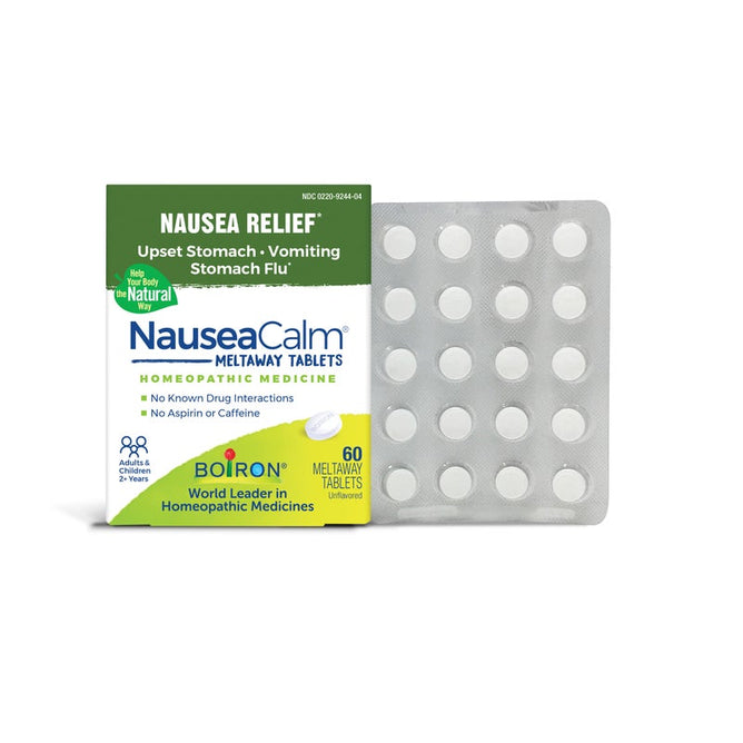 A box of Boiron NauseaCalm Meltaway Tablets – Nausea Relief is shown next to a blister pack with 20 round white tablets. The packaging emphasizes that it is a homeopathic medicine with no known drug interactions.