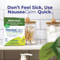A box of Boiron NauseaCalm Meltaway Tablets - Nausea Relief sits on a bathroom counter, ready to deliver fast relief from nausea. Behind it are jars of cotton balls, swabs, and a soap dispenser. Text above reads: "Don’t Feel Sick, Use Boiron NauseaCalm"—your go-to for motion sickness or an upset stomach.