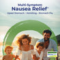 A smiling family of four runs along a beach at sunset, carefree and enjoying the moment. Text above them reads: “Multi-Symptom Nausea Relief—Upset Stomach, Vomiting, Stomach Flu, Motion Sickness.” NauseaCalm Meltaway Tablets by Boiron logo appears in the lower right corner.