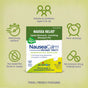 Boiron NauseaCalm Meltaway Tablets - Nausea Relief come in travel-friendly packaging and feature icons indicating they’re suitable for ages 2+, non-drowsy, require no food or water, have no known drug interactions, and are perfect for quick, on-the-go nausea relief from upset stomach or motion sickness.