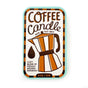 Rectangular The Neighborgoods Soy Wax Candle tin with a label featuring a moka pot illustration, coffee-themed branding, and the text Cozy Blend of Freshly Brewed Espresso, 4 oz. / 113 g.
