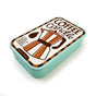 Rectangular light blue Soy Wax Candle in a sardine tin with a label featuring a moka pot illustration and text reading Coffee Candle 100% soy wax candle.