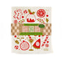 A Happy Holidays Sponge Cloth Set featuring three eco-friendly Swedish sponge cloths with holiday illustrations of a gingerbread man, holiday pudding, and a martini glass, wrapped in a paper band.