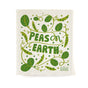 A rectangular cream-colored Happy Holidays Sponge Cloth with a green illustration of pea vines and the text PEAS on EARTH.