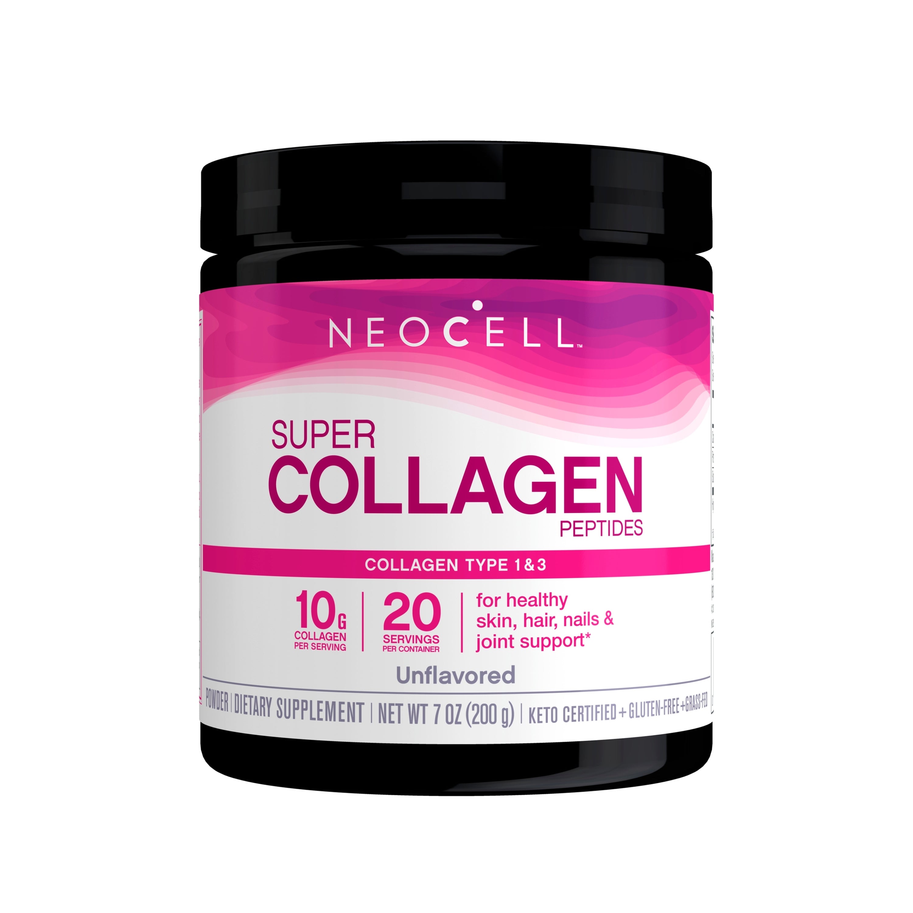 A black jar labeled NeoCell Super Collagen Peptides Powder with a pink and white design. This unflavored powder provides 10g hydrolyzed collagen per serving for skin, hair, nails, and joints. Gluten-free and keto-certified.
