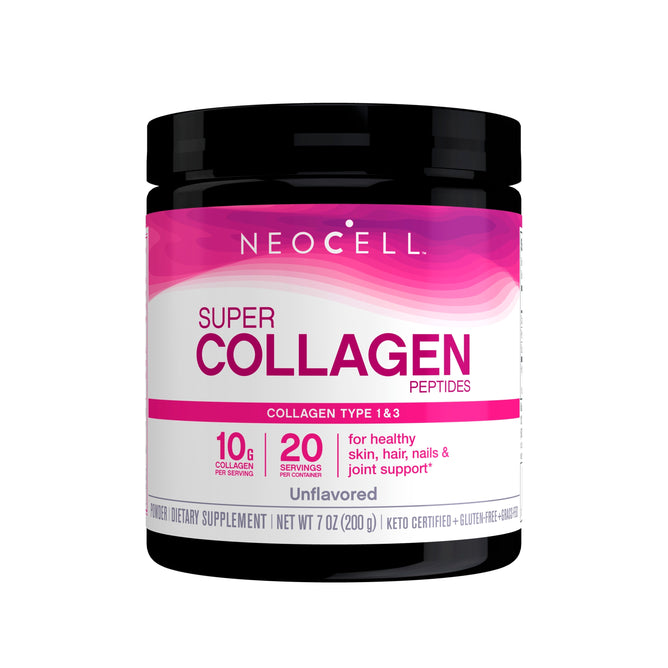 A black jar labeled NeoCell Super Collagen Peptides Powder with a pink and white design. This unflavored powder provides 10g hydrolyzed collagen per serving for skin, hair, nails, and joints. Gluten-free and keto-certified.