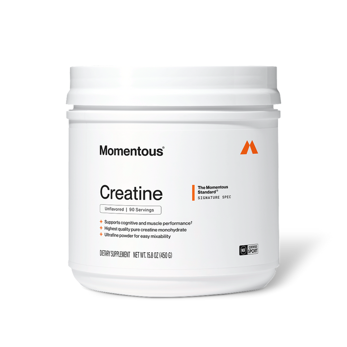 White tub of Momentous Creatine, Unflavored powder with label text including 90 Servings, Supports cognitive and muscle performance, and NSF Certified for Sport.