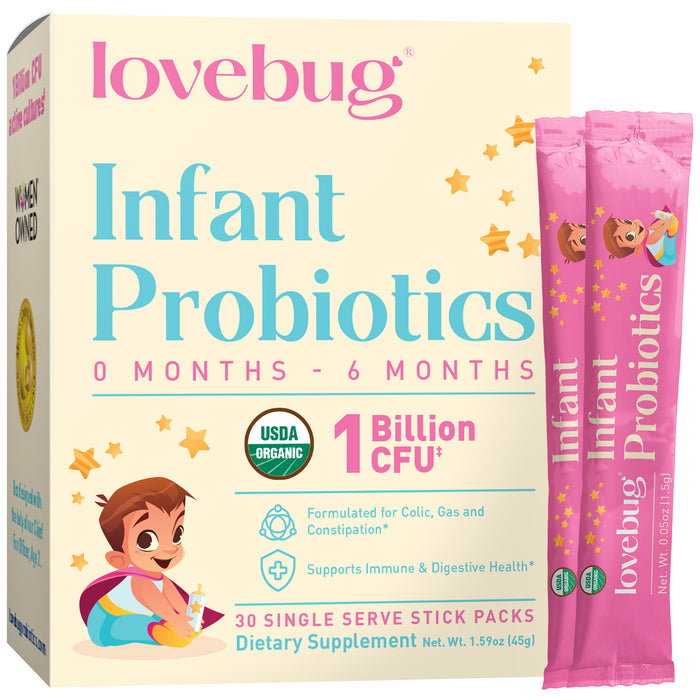 Lovebug Infant Probiotics for ages 0-6 months features 30 single-serve stick packs (1 billion CFU), USDA organic, and supports digestion and immunity—ideal for newborns’ gut health, with cute baby and fairy illustrations on the box.