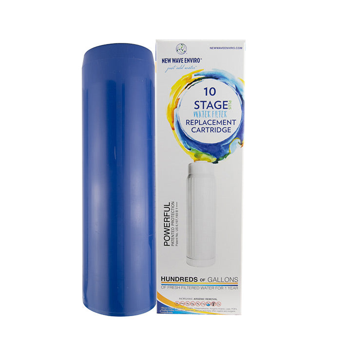 A blue 10-Stage Replacement Cartridge by New Wave Enviro is displayed beside its white box with a colorful water splash design, ideal for your countertop water filter.