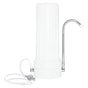 The New Wave Enviro 10-Stage Countertop Water Filter features a white cylindrical body, a curved metal spout, and an attached hose with connector for simple faucet installation.
